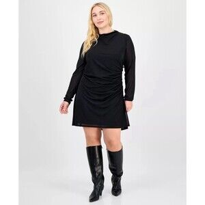 Bar III Plus Size 4X Black Ruched Mesh Dress Sheer Long Sleeve Mini LBD